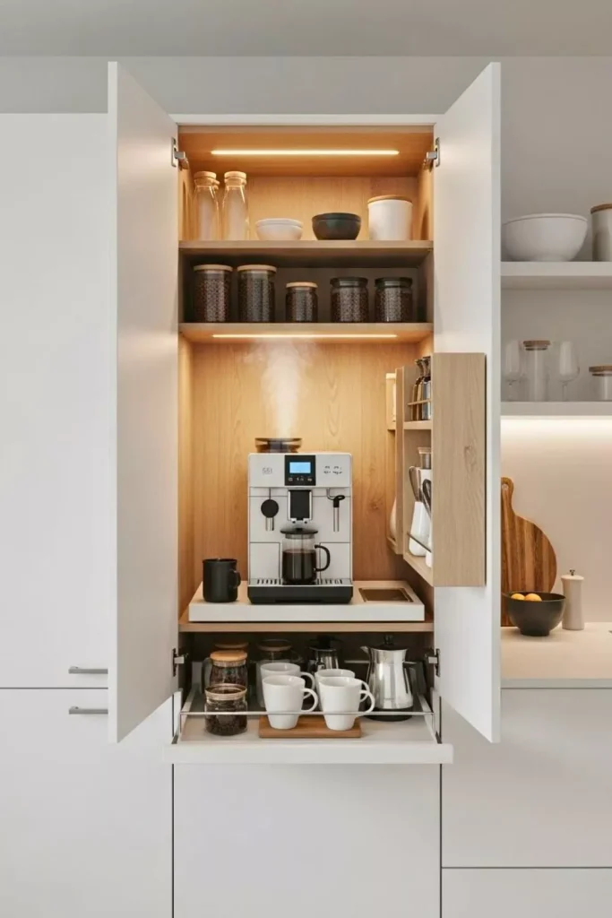 Built-In Coffee Station Inside Kitchen Cabinets