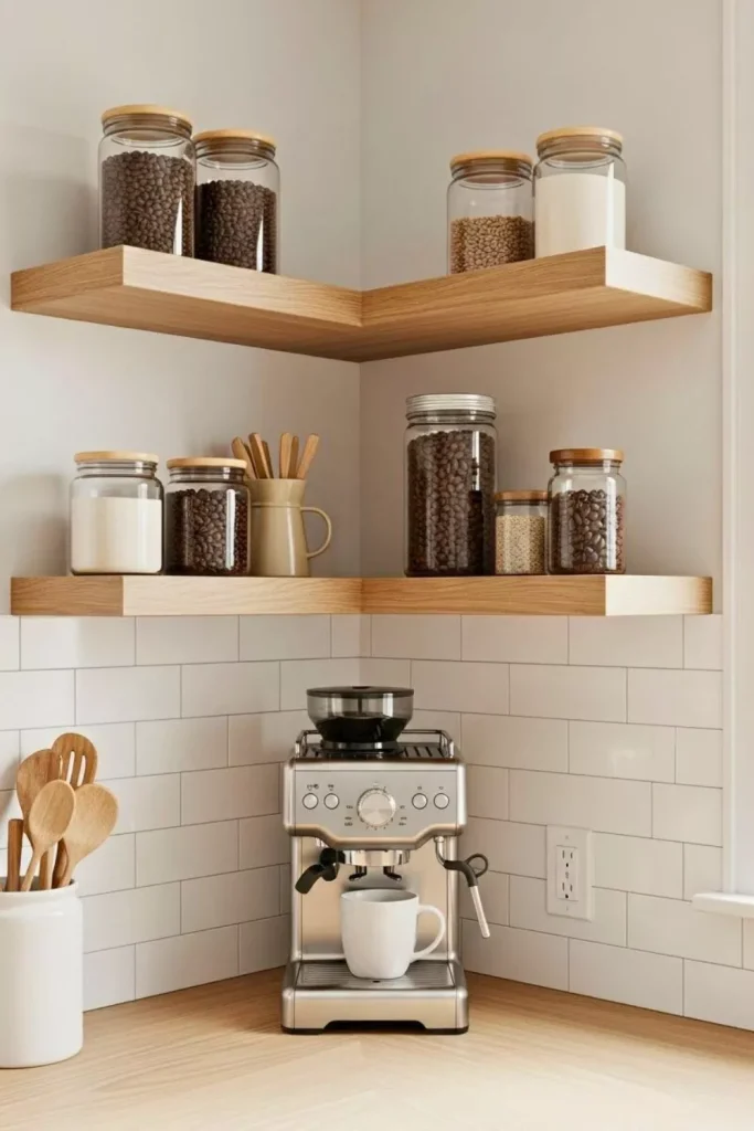 Corner Shelf Coffee Setup for Small Kitchens