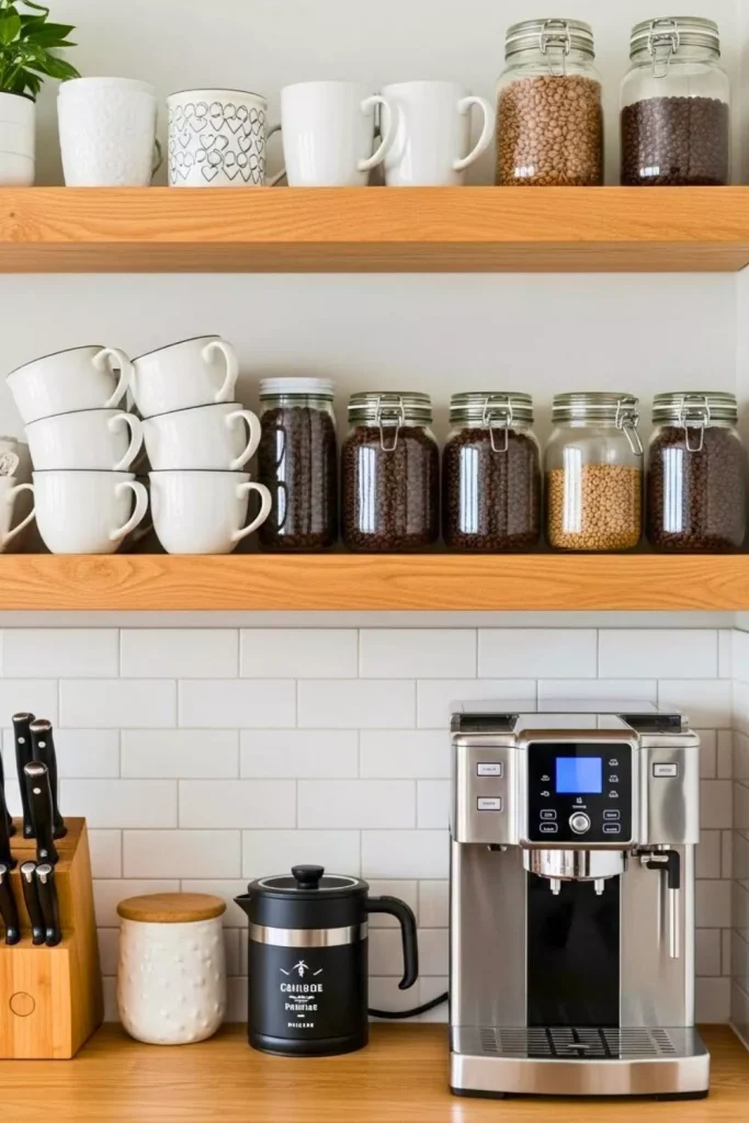 Cute Coffee Station At Home with Open Shelving
