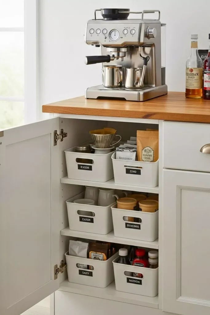 Small Coffee Corner with Built-In Storage Bins