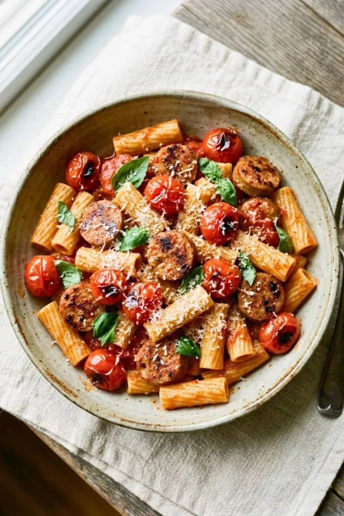 Hot Italian Sausage Pasta with Burst Cherry Tomatoes